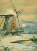 M.C. Hodges (circa. 1881) A Winter scene of a boatsman approaching a windmill under moonlight,