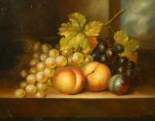 E. Hollis (20/21st Century) A pair of still life paintings of fruit, grapes, apples and plumbs, oils