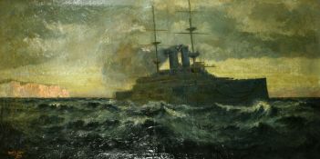 Fred. K. E. Cox (20th Century) 'On the Kings Highway', A battle ship off the Sussex coast, oil on