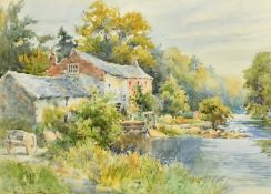 Josh Fisher, (20th Century) British, A water mill on the river with a cart on the path, watercolour,