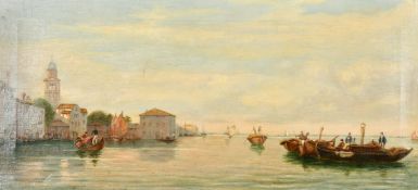 Late 19th Century School, a view of gondoliers on an open waterway in Venice, oil on canvas, 10.