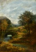 J. Wallace (19th Century) Anglers by a bridge on the river, oil on canvas, signed, 30