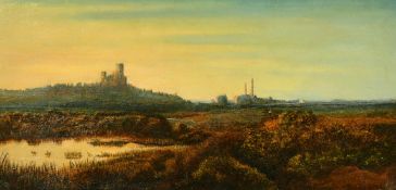 19th Century English School, An extensive landscape with a castle and factory chimneys, oil on