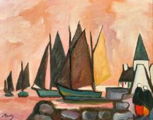 After Markey Robinson, sailboats in a bay, oil on board, bears signature, 16