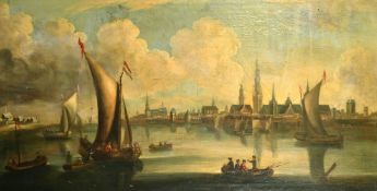 19th Century Dutch School, barges approaching a city, oil on canvas, 24