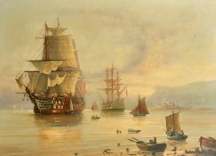 Michael Whitehand (b. 1941) British, British warships at anchor in a bay, oil on canvas, signed