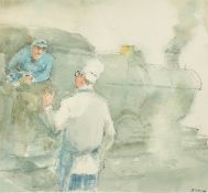 20th Century, A chef talking to a train driver, inscribed verso 'Remember - slow at the junction