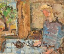 Henry George Cogle (1875-1957) British, Interior kitchen scene, a lady with tea, oil on board,