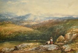 Circle of David Cox, Figures resting on a rock in a mountainous landscape, watercolour on board, 13