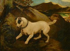 G. Brown (19th Century), a scene of terrier in a rocky landscape, oil on canvas, signed, 9