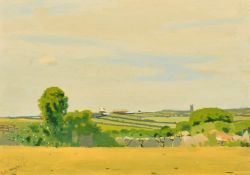 Robert Morson Hughes (20th Century) A view across fields with a tower in the distance, oil on board,