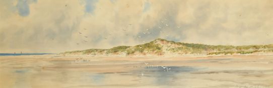 Circle of F.J. Widgery, An extensive coastal view with sea gulls, watercolour, indistinctly signed