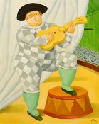 After Botero, figure playing a guitar, oil on board, bears signature, 16