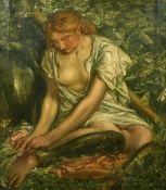 Early 20th Century English School, a scene of a female warrior putting in armour, oil on canvas,