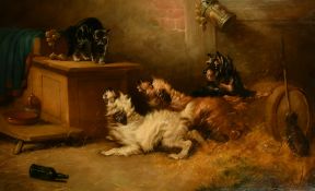 Attributed to George Armfield (British, 1808-1893), Antagonizing the Barn Cat, Oil on canvas, 30