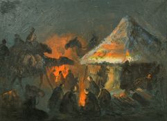 Follower of Adam Styka, A Bedouin camp at night with figures and camels round campfires, oil on