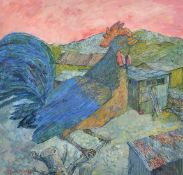 Christopher Clairmonte (1932-2012) British, A Cockerel perched on a branch in a farmyard, Cyprus,