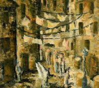 20th Century, A busy street scene with figures and washing out to dry, oil on canvas 28