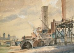 Attributed to Arthur James Middleton, A Thames view, watercolour, remnants of Wapping Group label