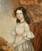 Portrait of a young girl standing wearing a white dress with a pink sash, holding red flower, oil on