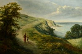 Larpent Roberts, A coastal landscape with figure on a path, sheep in the field and sailing boats out