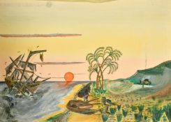 A 20th Century Sketch of a shipwreck near a tropical island and a folio of architectural designs