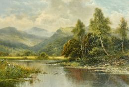 Louis E. Clark (19th Century) A highland lake landscape with Swallows flying low over the water, oil