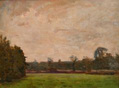 John Brown (20th Century) A landscape view of tress along the edge of a field, oil on board 10