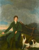 19th Century, Portrait of a gentleman seated on a bank with a gun and two dogs by his side, oil on