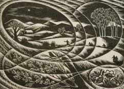 Gwenda Morgan (1908-1991) British, a stylized view of a Sussex landscape, woodblock, signed in