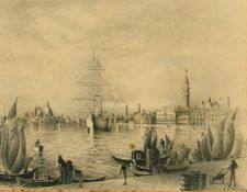 19th Century School, figures on a Venetian quay, ink drawing, indistinctly signed, 9.5