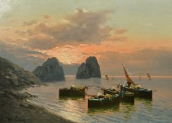 De Luca (20th Century) Italian School, traditional fishing boats in a bay at dusk, oil on board, 19