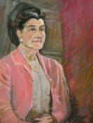 R. D. Harland (20th Century) Portrait of an elegant lady seated wearing a pink jacket and pink beads