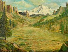 A. Gonzalez, View through a valley, pine trees either side, a snow-capped mountain beyond, oil on