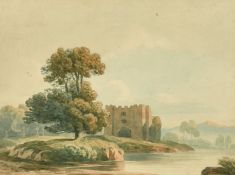 John Varley (1778-1842) British, River landscape with a castle and tree on an island, watercolour,