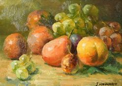 J. Howard (20/21st Century) A pair of still life paintings of fruit, grapes, apples, peaches and a