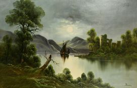 Becker (circa 1900), A moonlit lake scene with a sailing boat near a castle on the shore, oil on