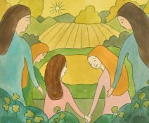 20th Century, A group of children in a field, watercolour and gouache, indistinctly signed, 9.5