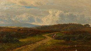 J. Barrett (19th Century) An extensive heathland scene with ponies and two women collecting berries,