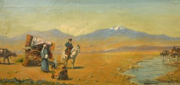 Manner of Zommer, Travelling tradesmen resting by a river, oil on canvas, bears signature, 12