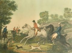 After Vernet, 'La Chasse au Renard', a coloured print in a verre eglomise frame, 22.5