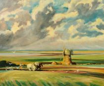 20th Century, Heavy horses ploughing near a windmill with seagulls landing in the furrows, oil on
