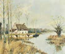 Marcel-Georges Hue (b.1907) French, A figure in a boat and a cottage on a river, oil on canvas,