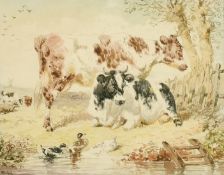 Circle of John Frederick Herring, resting cattle with a windmill beyond, watercolour, initialled,