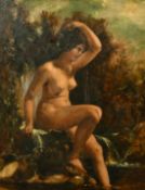 Circle of William Etty (19th Century) A nude woman seated on rocks by a waterfall, oil on panel, 27