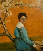 French School (20th Century) Portrait of a lady beneath a tree in flower, oil on canvas,