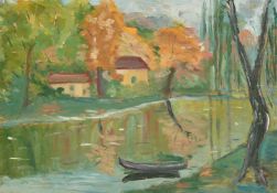 20th Century Continental School, rowing boat on a tree lined lake, oil on panel, 10