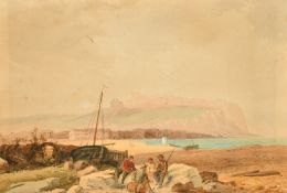 William Harford, Fisherman on a beach seated on rocks with a castle beyond, possibly Jersey,