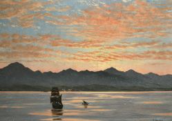 Frederick William John Shore (1844-1916) British, A sailing ship and small craft by sunset with a