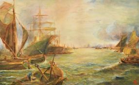 Circle of William Lionel Wyllie, A busy Thames scene with boats, watercolour, signed with